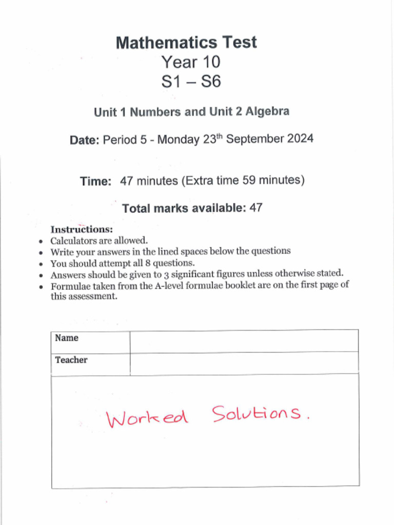 Year 10 Test S1 - S6 Worked Solutions | PDF