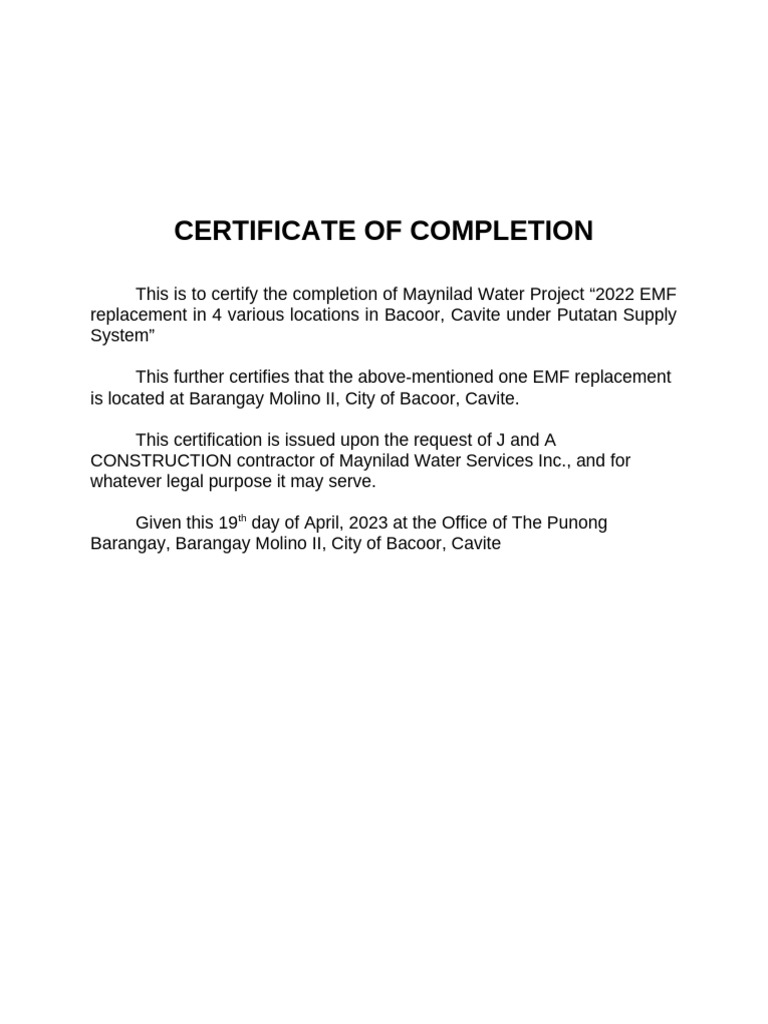 Maynilad Water Project Completion Certificates | PDF