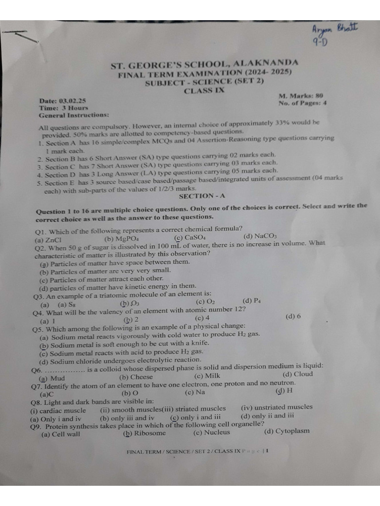 Science Final Term Exam Class 9 (2024-2025) | PDF
