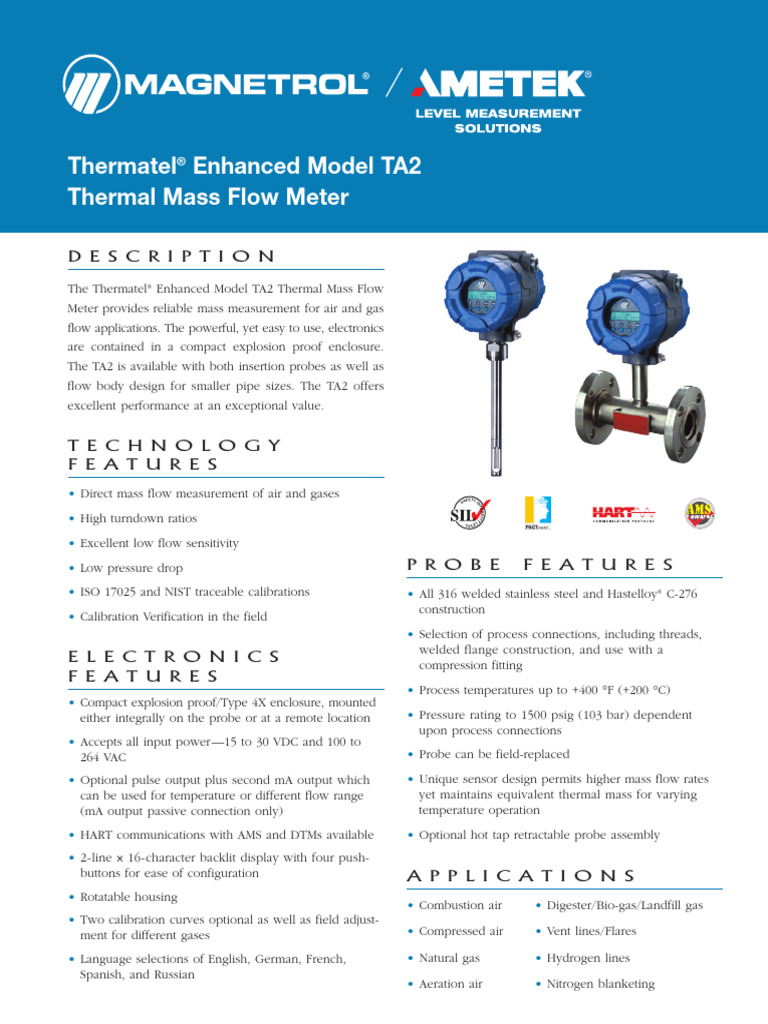 54-140 Thermatel Enhanced Model Ta2 Thermal Mass Flow Meter | PDF ...
