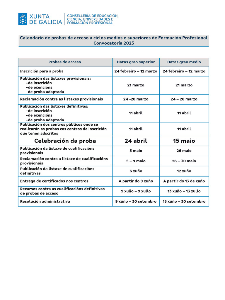 Calendario Probas Acceso 2025 | PDF