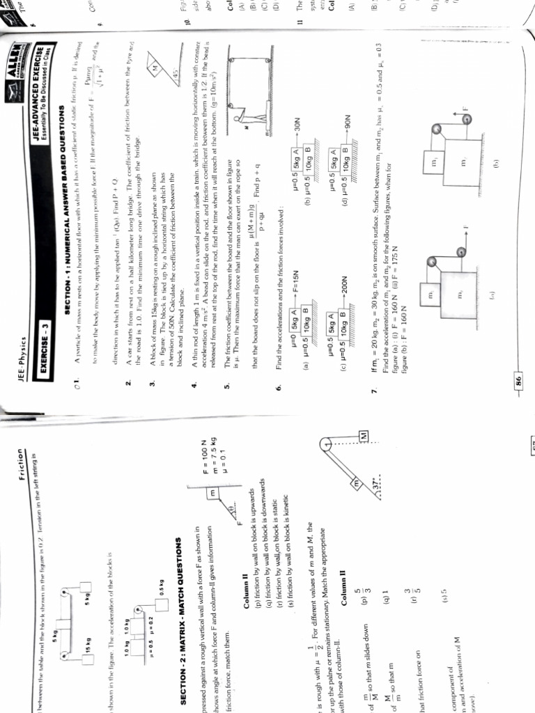 JEE Physics Numerical Questions Exercise | PDF | Friction | Force