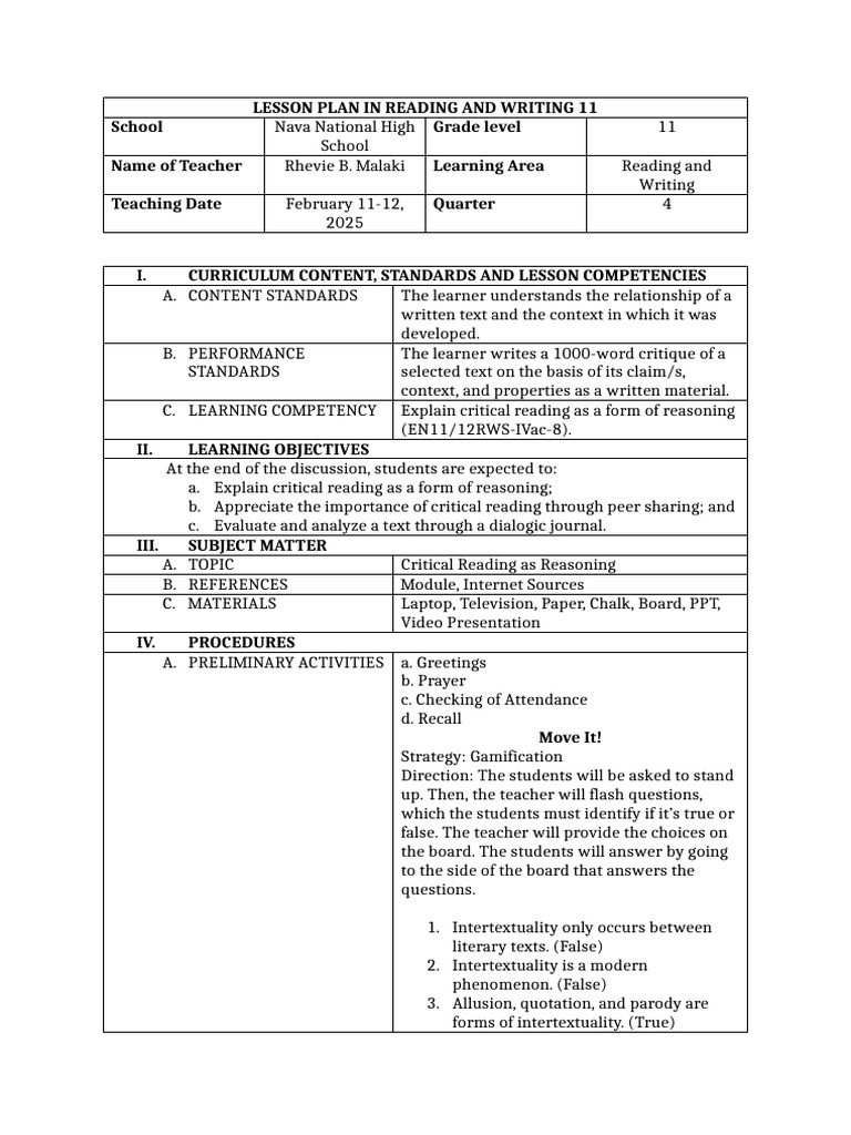 Critical Reading Lesson Plan for Grade 11 | PDF | Argument | Reason