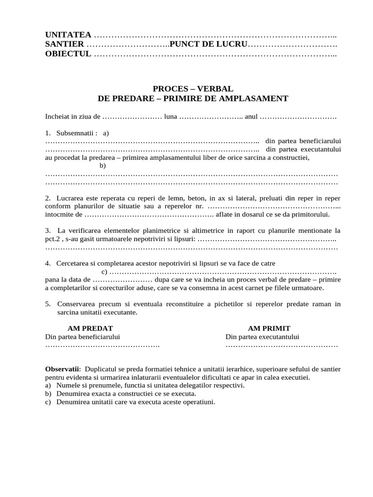 Proces Verbal de Predare Primire Amplasament | PDF