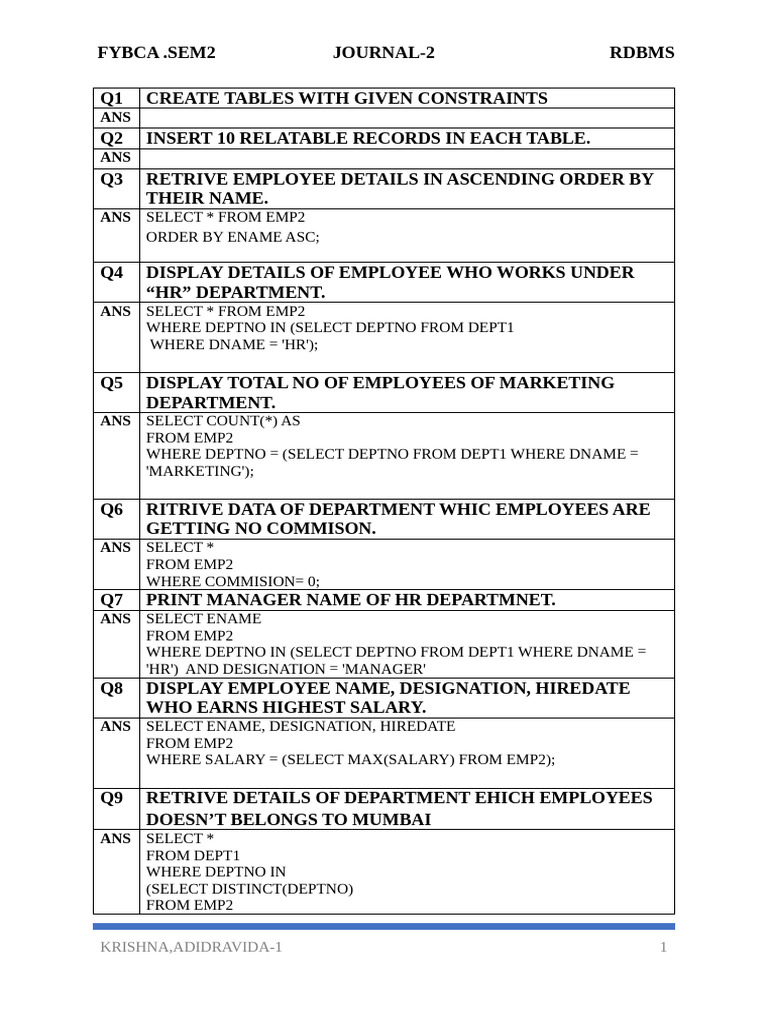 Rdbms Practical Programs