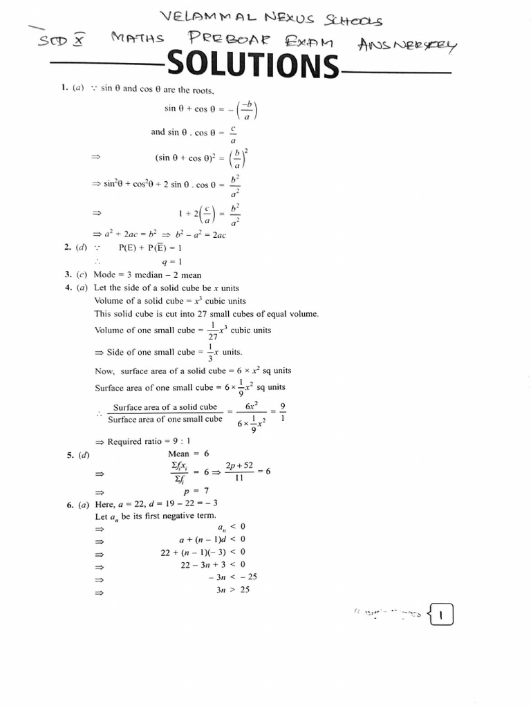 Class 10 Maths Pre Board Exam 1 Ak Pdf