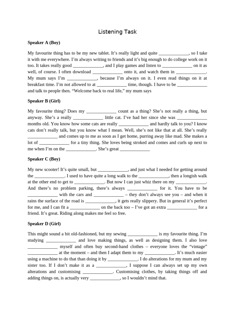 Listening Task Favourite Thing | PDF