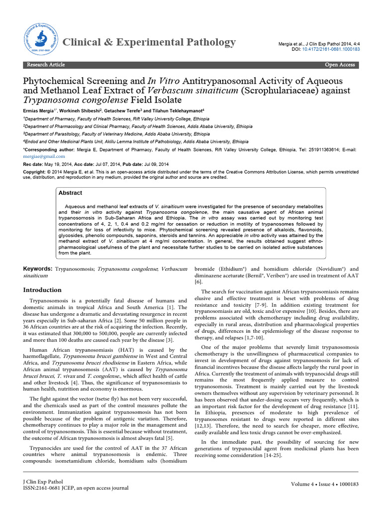 Phytochemical Screening and in Vitro Antitrypanosomal Activity ...