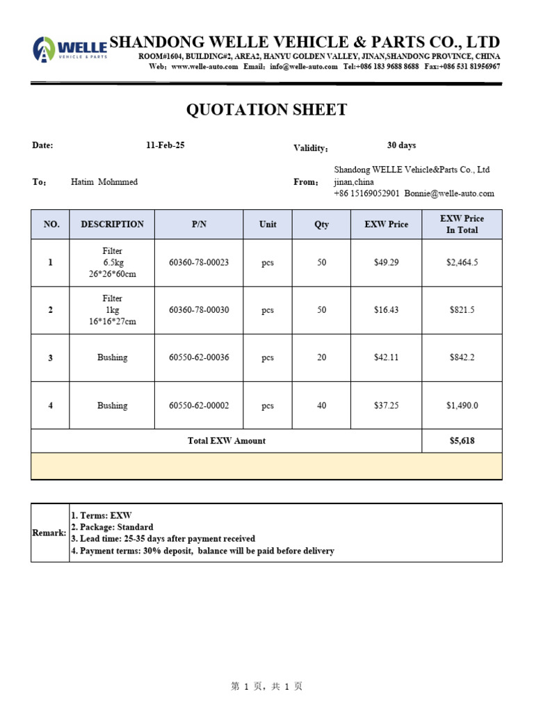 Welle Auto Parts Quotation Sheet | PDF