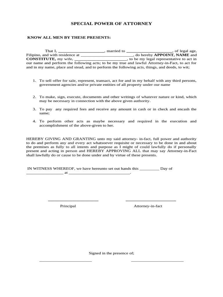 Special Power of Attorney Template | PDF | Power Of Attorney | Civil ...