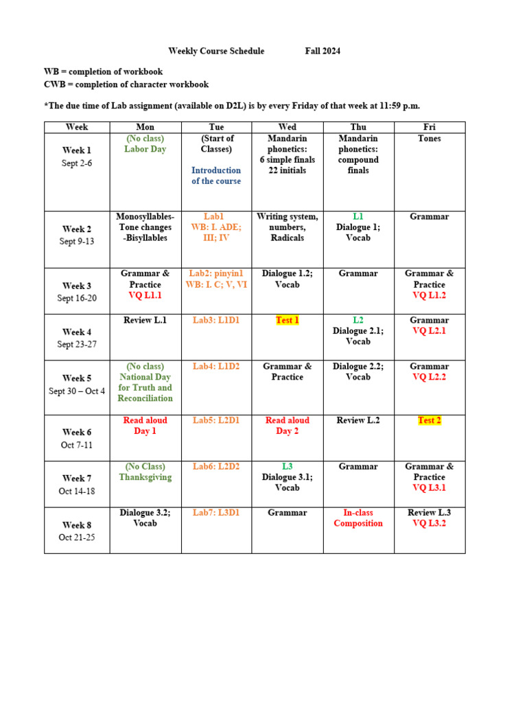 CHIN205 Fall2024 Weekly Schedule Revised | PDF | Linguistics