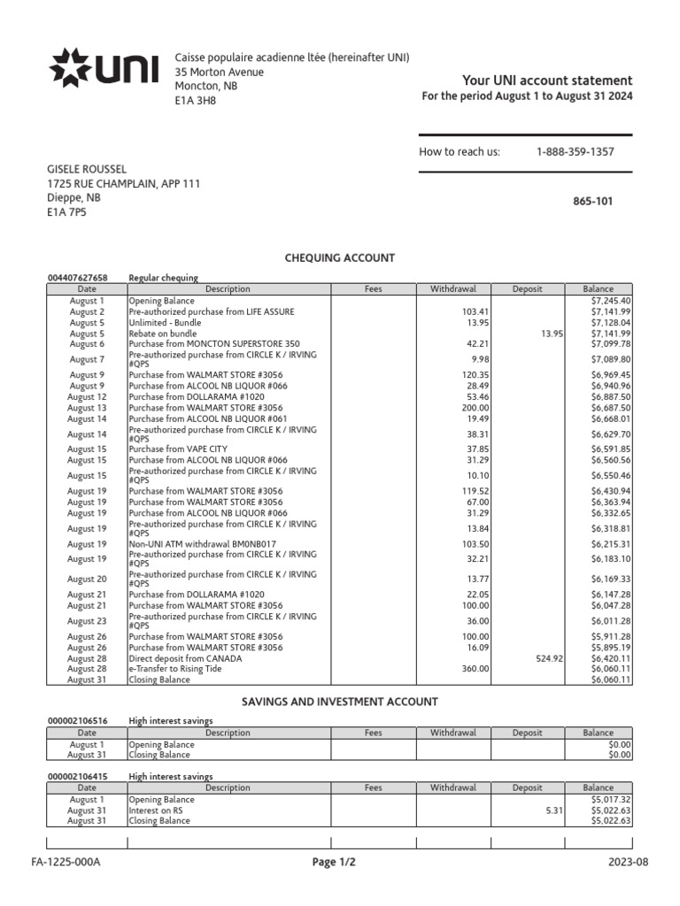 UNI Account Statement: August 2024 | PDF | Financial Services | Banking