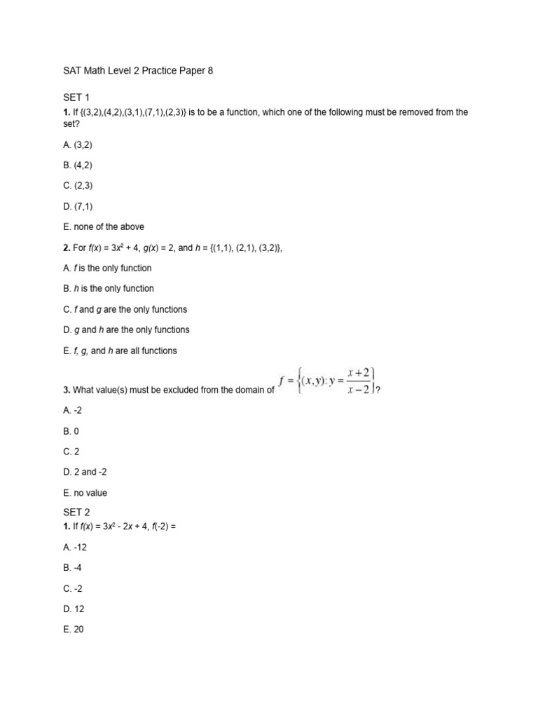 SAT Math Level 2 Practice Paper 8 | PDF | Line (Geometry) | Elementary ...
