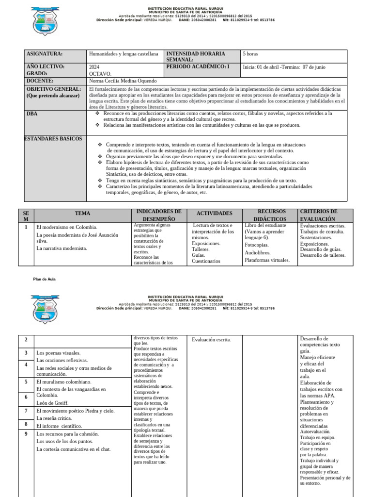 Planeacion Octavo Lengua Periodo 2 | PDF | Plan de estudios | Aprendizaje