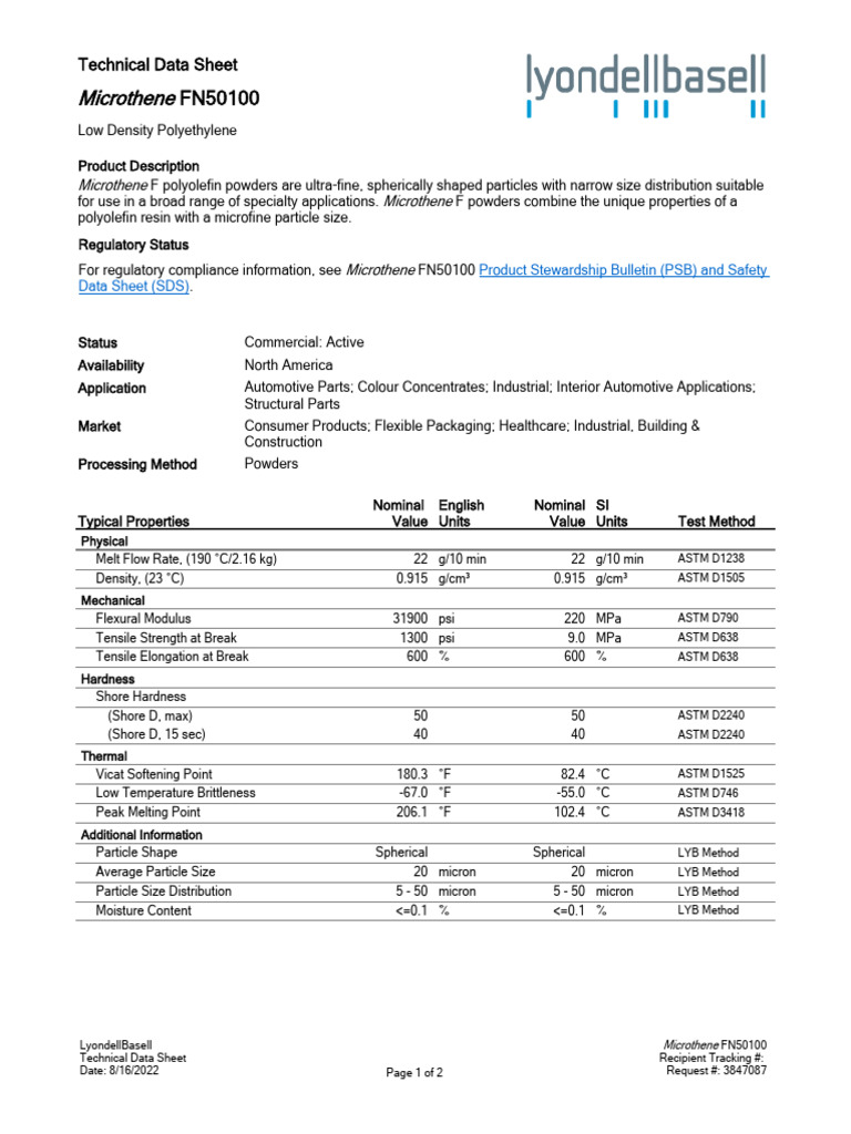 Microthene FN50100 Technical Data Sheet | PDF | Ultimate Tensile ...