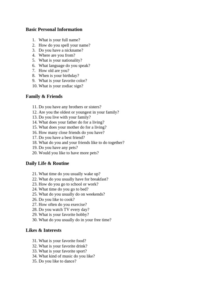 Personal Information Questionnaire | PDF
