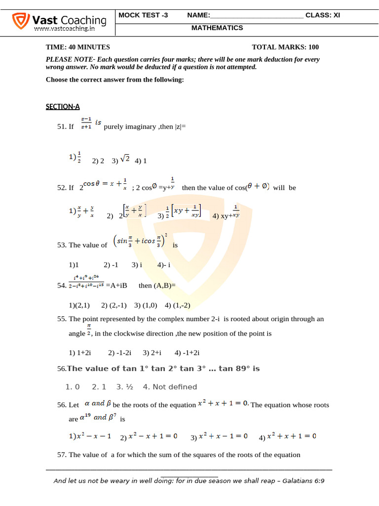 Mock Test 3 CLASS XI MATHS | PDF | Algebra | Mathematical Concepts