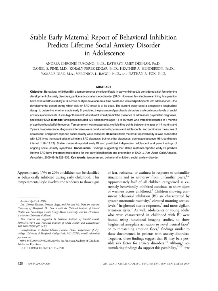 P - Stable Early Maternal Report of Behavioral Inhibition Predicts ...
