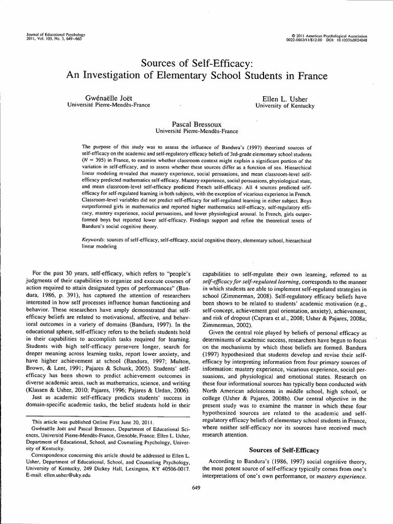 Self-Efficacy Sources in French Students | PDF | Self Efficacy ...