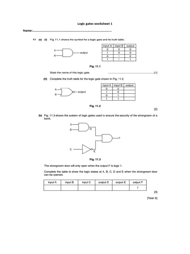 Logic Gates Worksheet 1 | PDF
