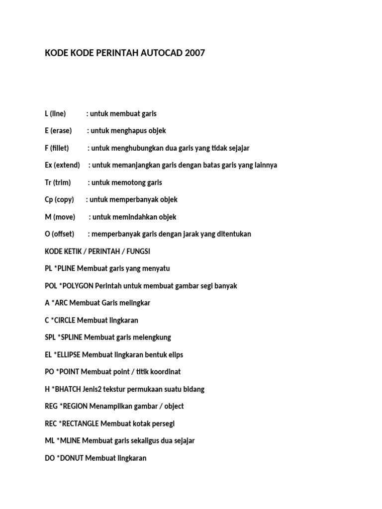 Kode Perintah Dasar AutoCAD 2007 | PDF