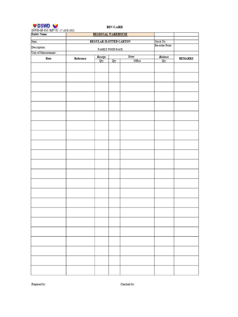 Bin Card for Family Food Pack | PDF