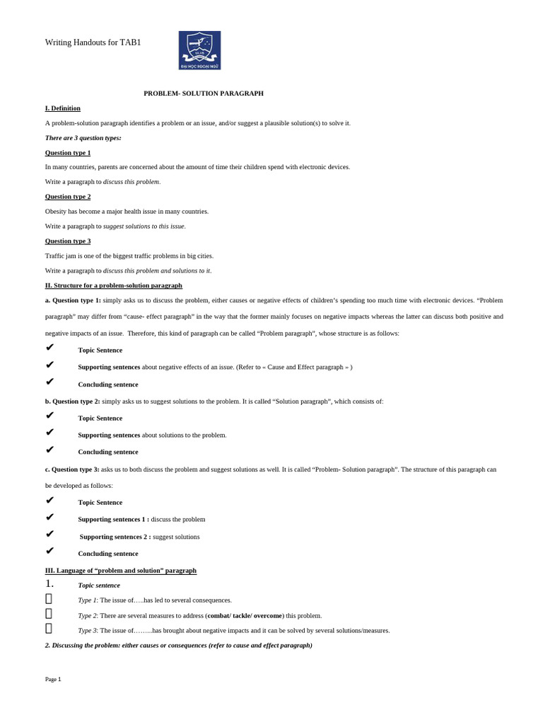 Writing Handout 7. ProblemSolutionParagraph | PDF | Traffic | Traffic ...