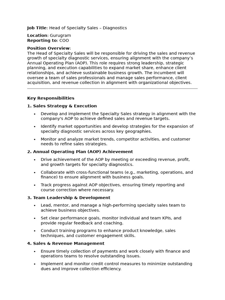JD - Head of Speciality Sales | PDF | Sales | Customer Relationship ...