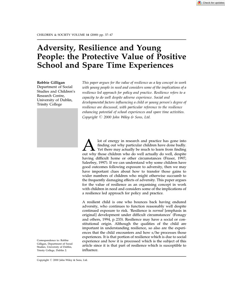Children Society - 2006 - Gilligan - Adversity Resilience and Young ...