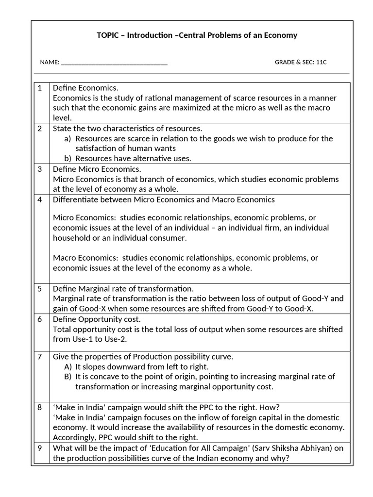Notes On The Central Problems of An Economy | PDF | Economies | Economics