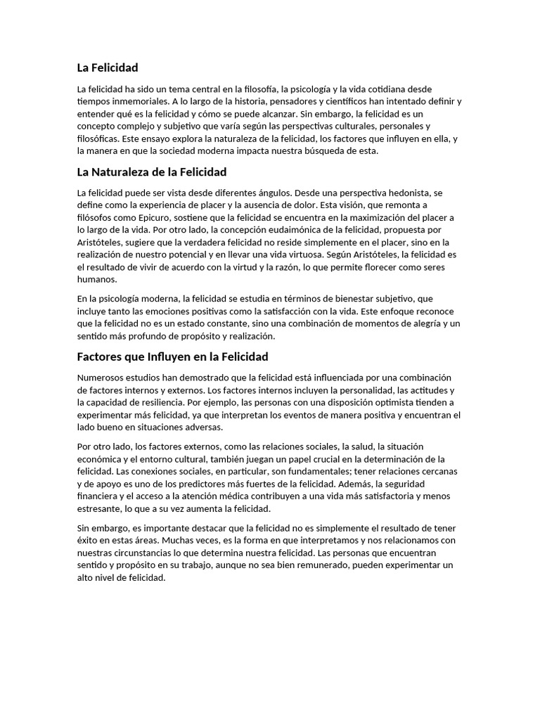 La Felicidad | PDF | Felicidad | Placer