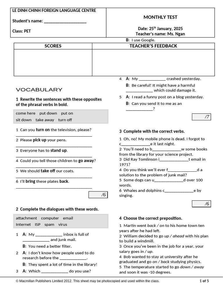 Vocabulary and Grammar Test for PET | PDF | Linguistics