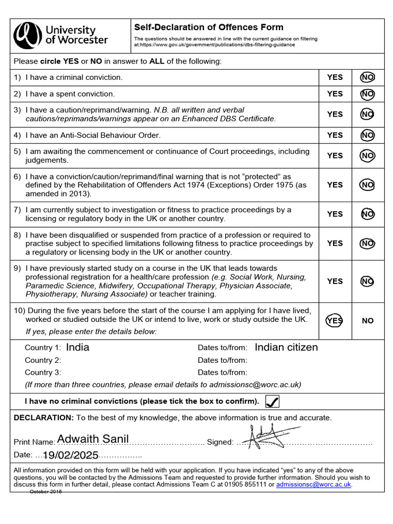 Self-Declaration of Offences Form | PDF | Health Care