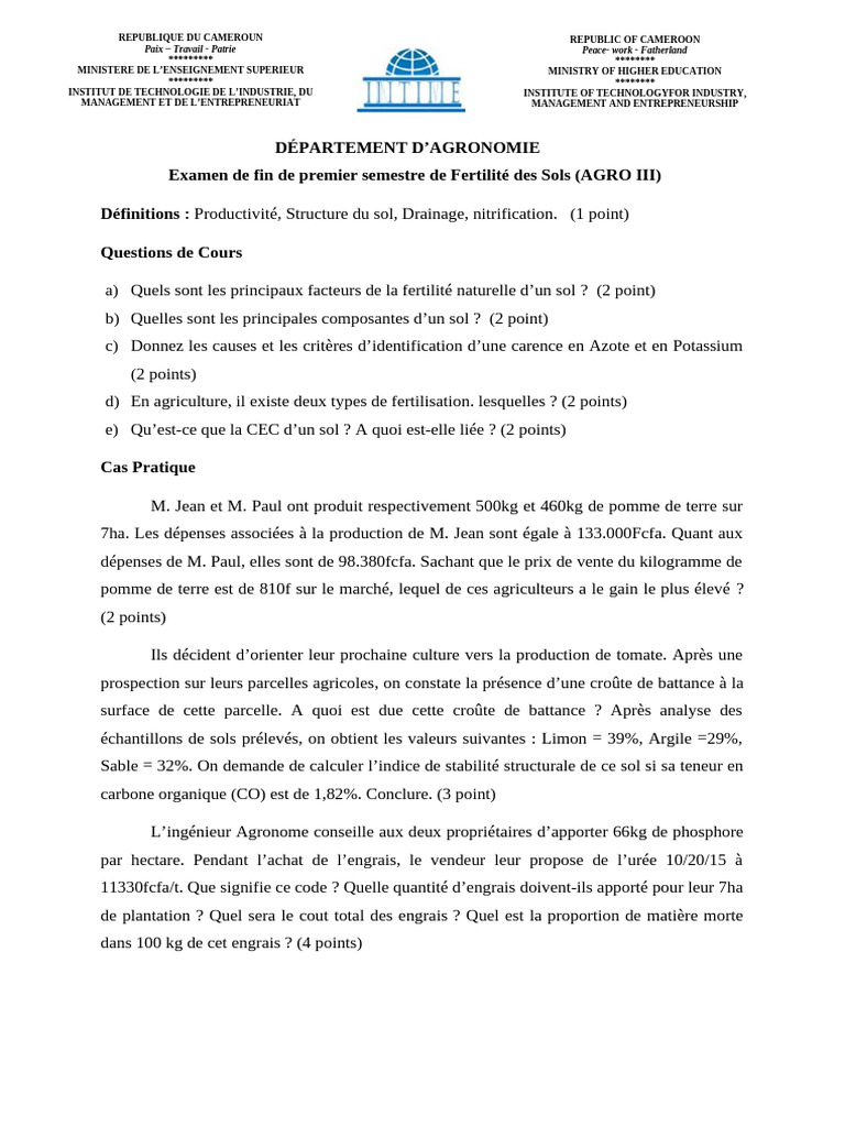 Examen de Fertilité des Sols AGRO III | PDF | Sol (pédologie) | Fertilisant
