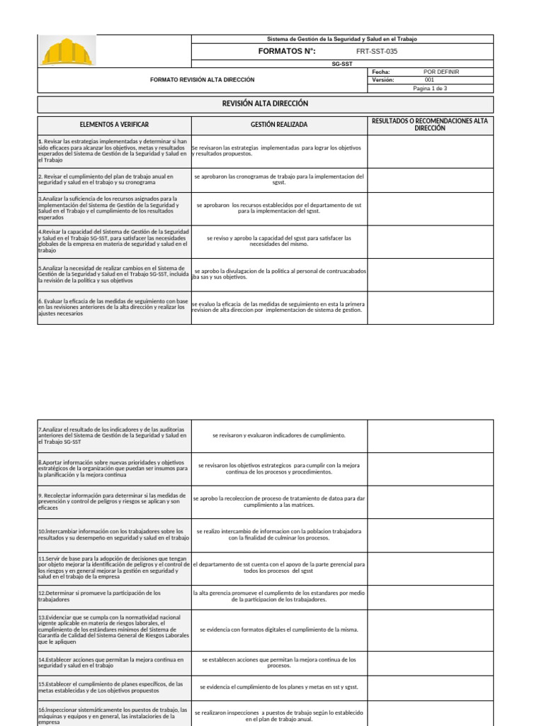 FRT-SST-035 Formato Revision Por La Alta Direccion | PDF | Planificación