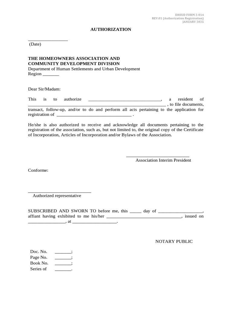 DHSUD Authorization Registration Form | PDF