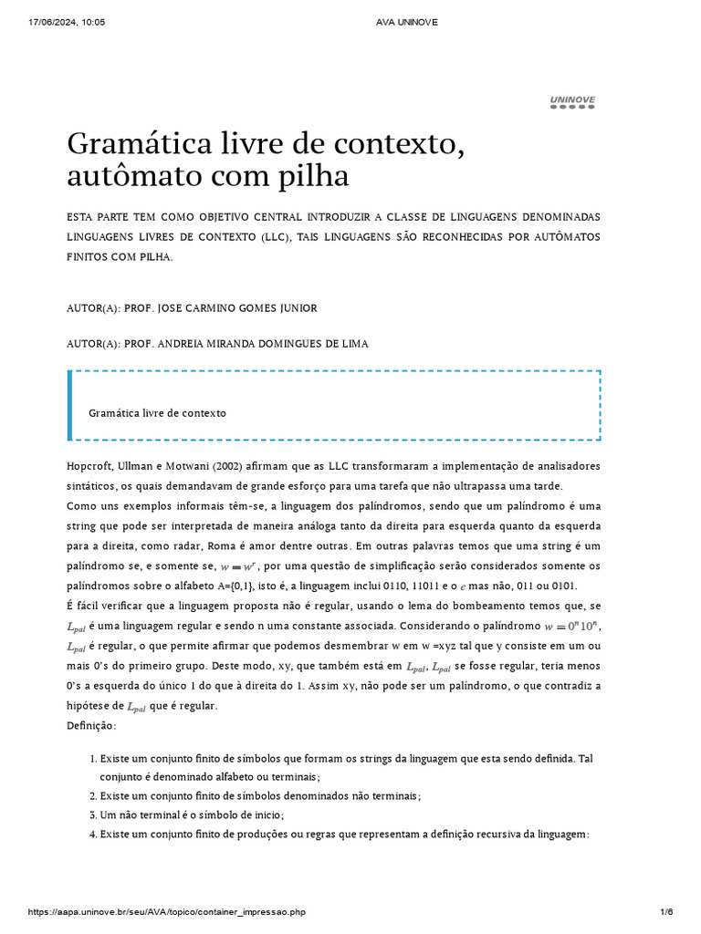 Gramática Livre de Contexto Autômato Com Pilha AVA | PDF | String ...
