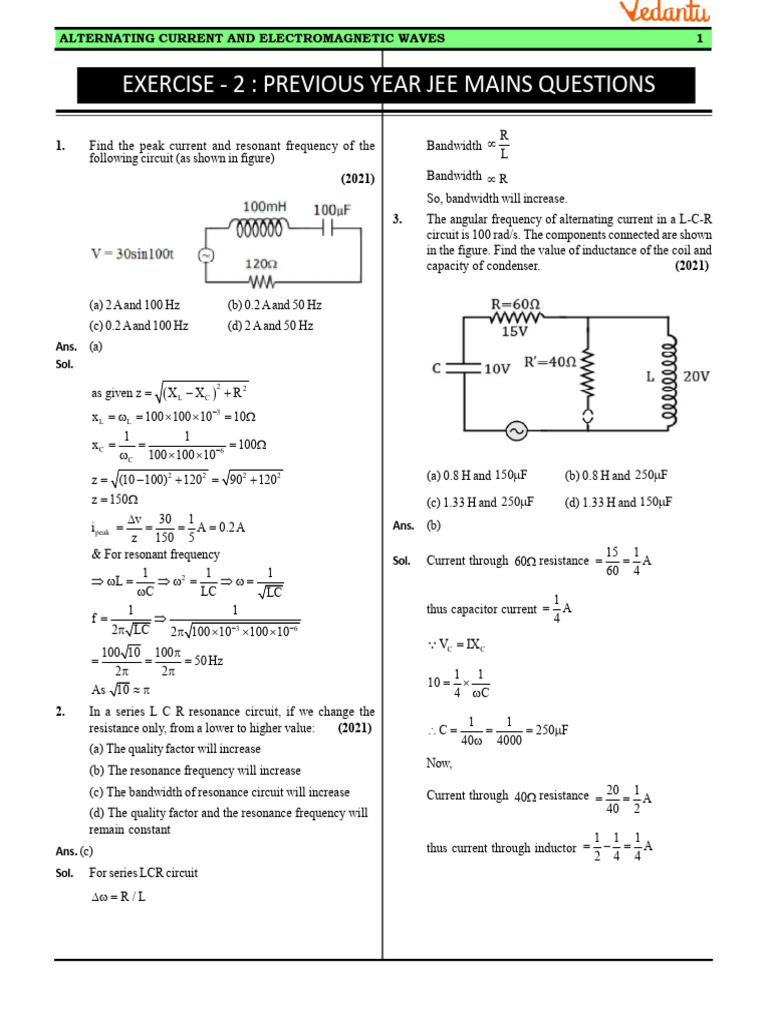 Exercise - 2: Previous Year Jee Mains Questions: Alternating Current ...