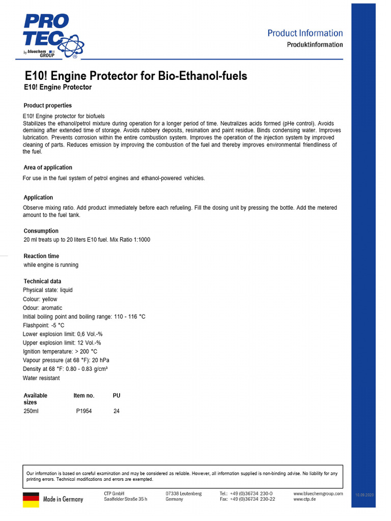 E10.PT E10EngineProtectorforBioEthanolfuelsE10 PInfo en-GB (1)-1 | PDF