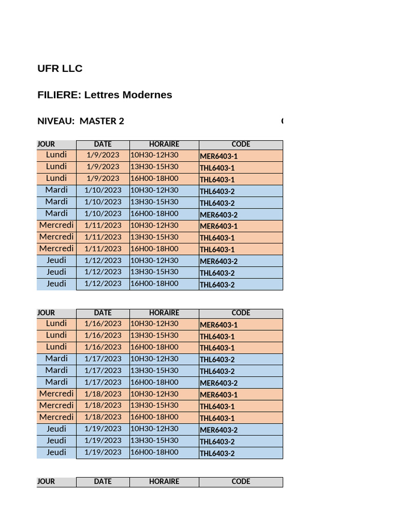 Emploi du temps Master 2 Lettres Modernes | PDF