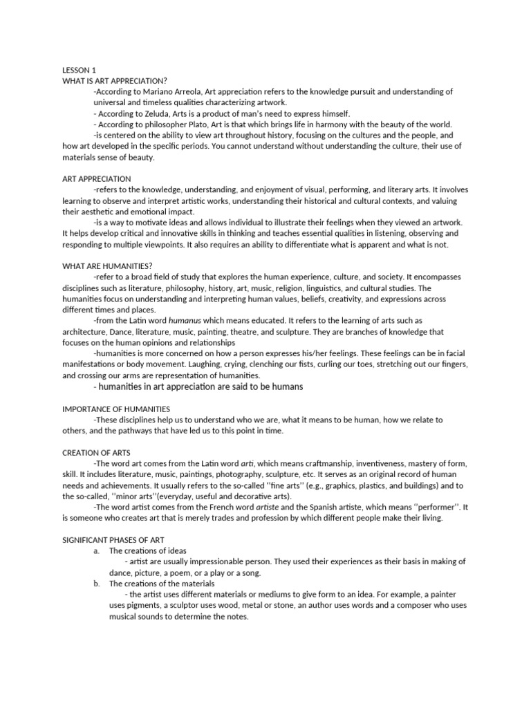 Art Lesson 1 Pdf The Arts Humanities