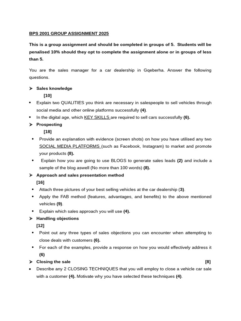 Car Sales Group Assignment Guide | PDF | Sales