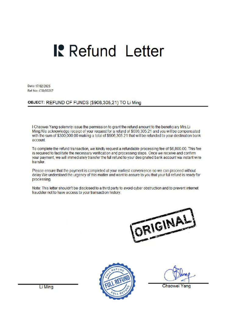 Refundable Letter (Mrs - Li Ming) | PDF