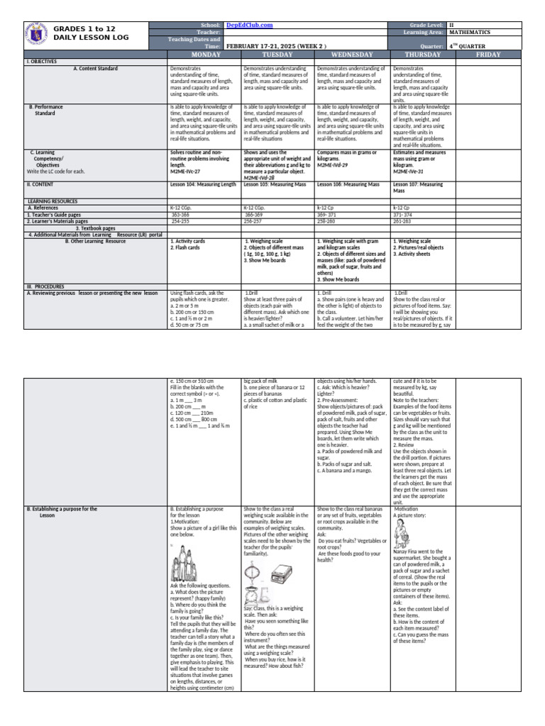 Grade 2 Math Daily Lesson Plan | PDF | Weight | Mass