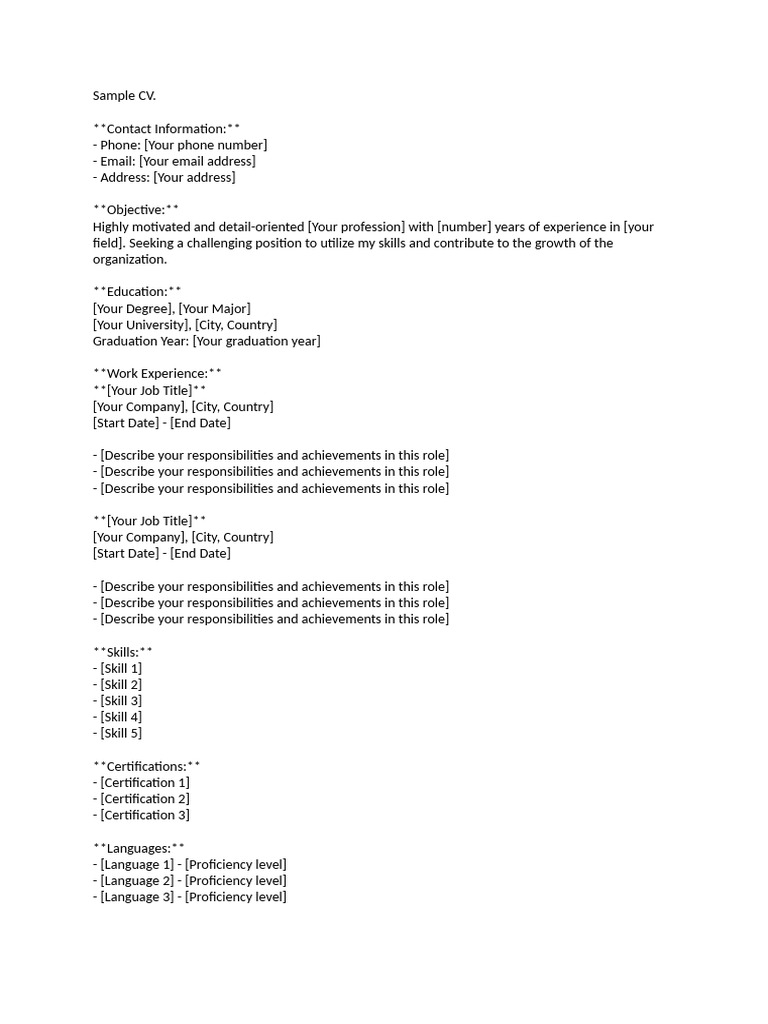 Sample CV Template in PDF Format | PDF