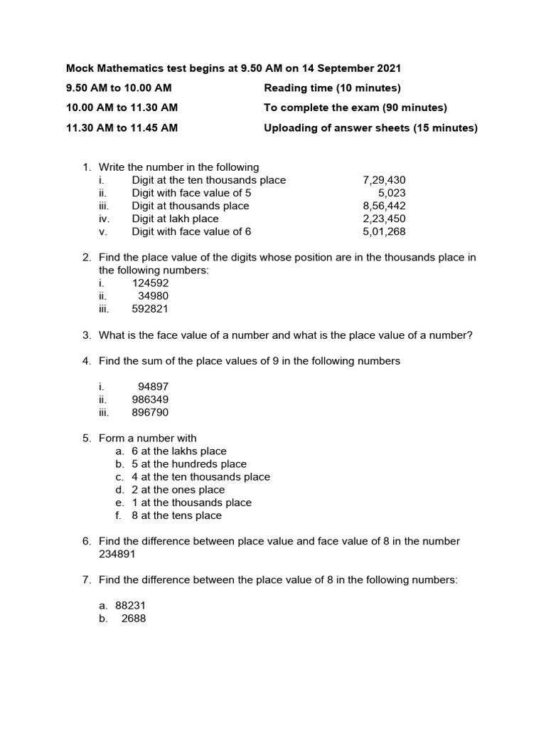 Mock Mathematics Test Schedule and Questions | PDF | Multiplication ...