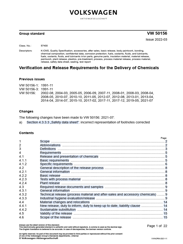 フォルクスワーゲン VW 50156: Chemical Release Standards | PDF | Chemical Substances