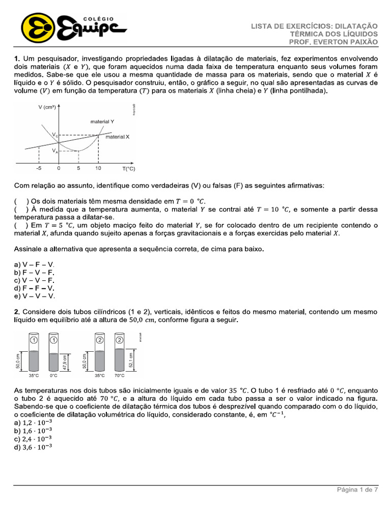 Lista de Exercícios Dilatação Dos Líquidos | PDF