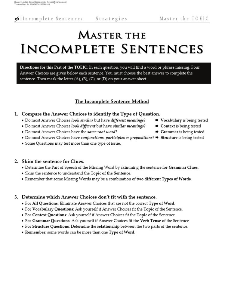 Part 5 Incomplete Sentences | PDF | Verb | Part Of Speech