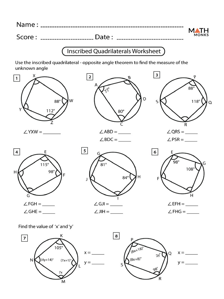 Inscribed Quadrilateral Worksheet PDF